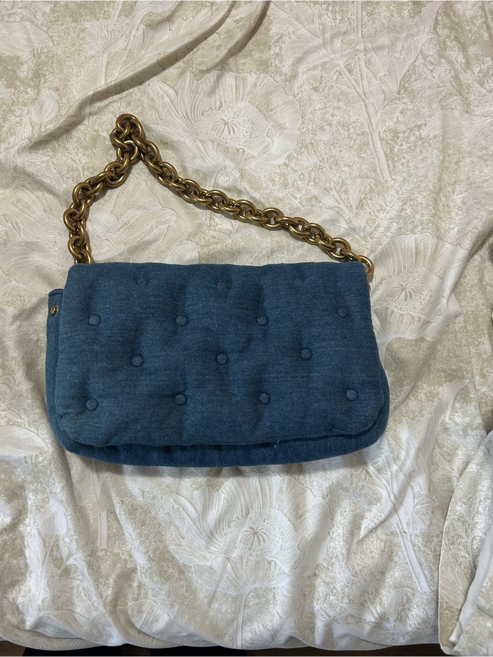 Zara Denim Quilted Shoulder Bag with Gold Chain